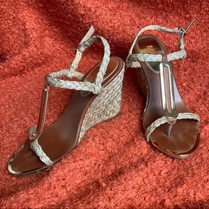 Strappy wedge basket weave heels with gold detail